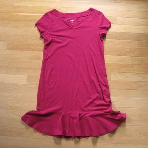 Three Dots Hot Pink Midi Ruffle Dress Size XS Short Sleeves A-Line 100% Cotton